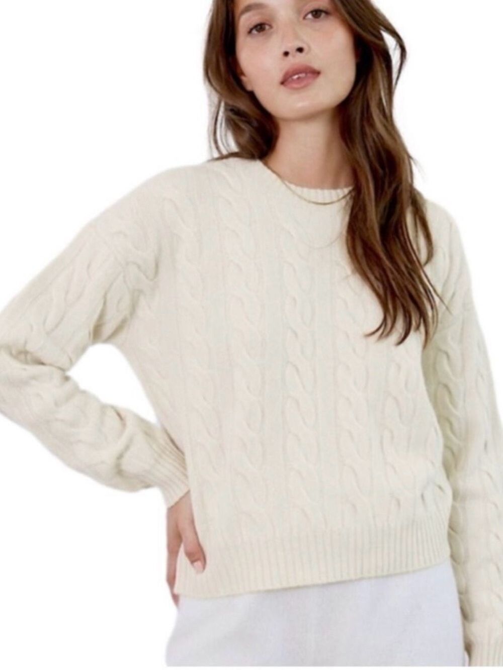 Babaton cream Illustrator cable knit merino wool pullover crew neck sweater XXS